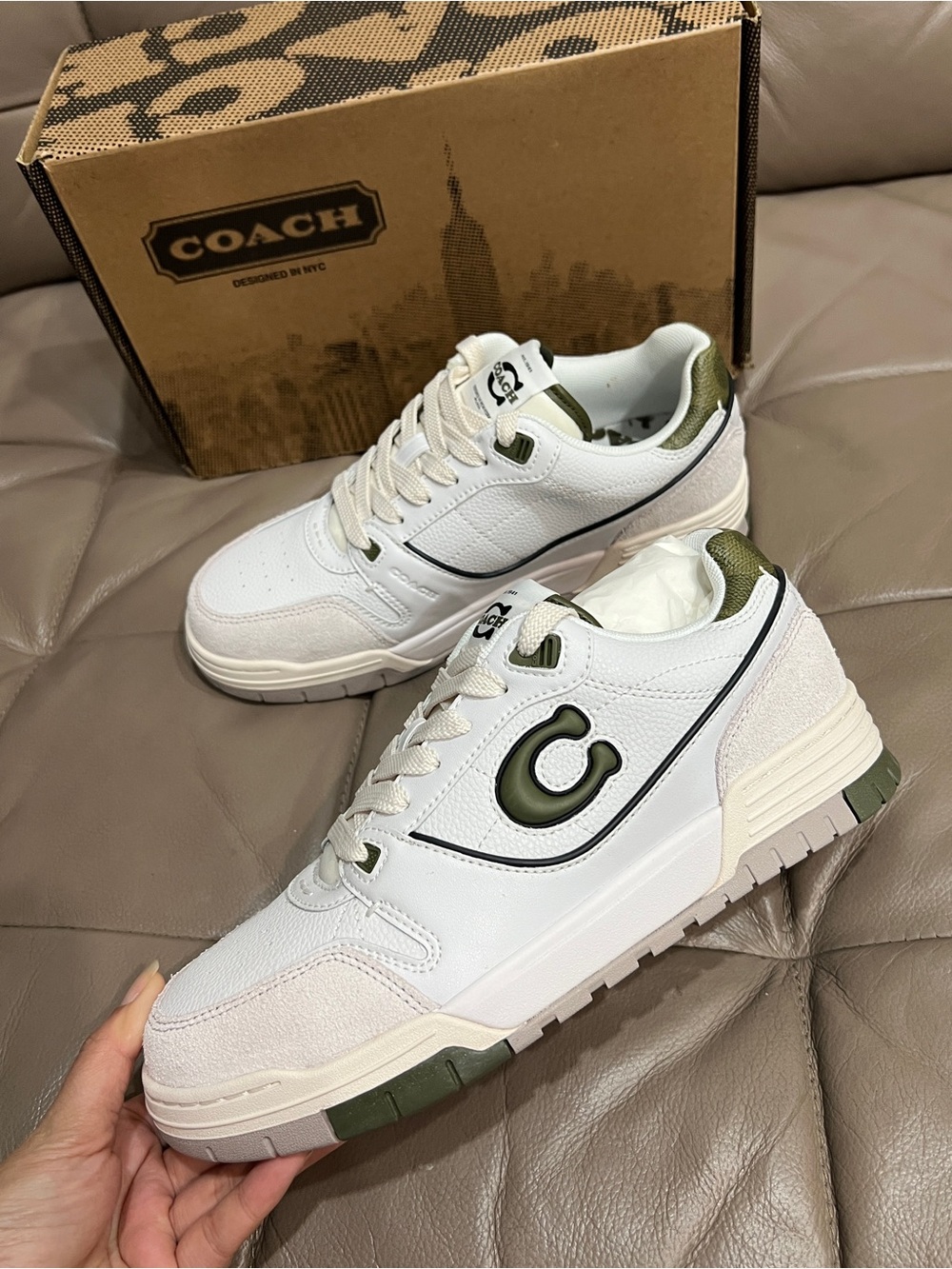 Coach White Sneakers with Olive Green Accents,Women Size:8 - Picture 2 of 8